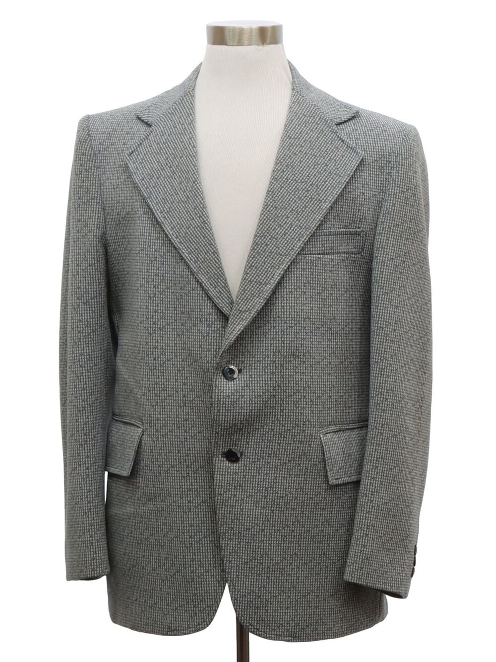 Vintage 1970s Men's Blue Gray Houndstooth Polyester Blazer Jacket 40